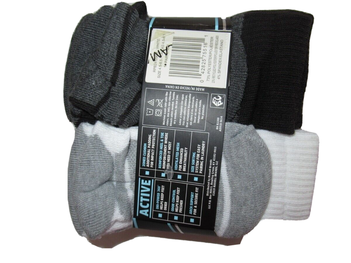 Russell Boys 10 Pack White Gray Performance Crew Socks Size S 4.5