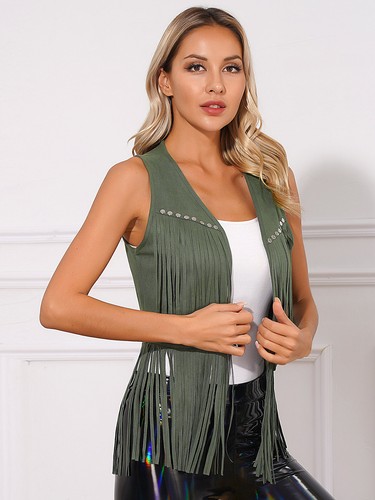 *Women Fringe Vest 70s Hippie Costume Sleeveless Faux Suede Tassel Outerwear - Picture 33 of 81