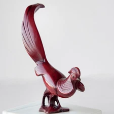 Vintage Art Deco Style Red Painted Metal Pheasant Sculpture on Marble Pedestal