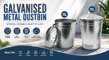 BH | Galvanised Metal Dustbin Anti-Rust Waste Recycle Trash Bin With Lid