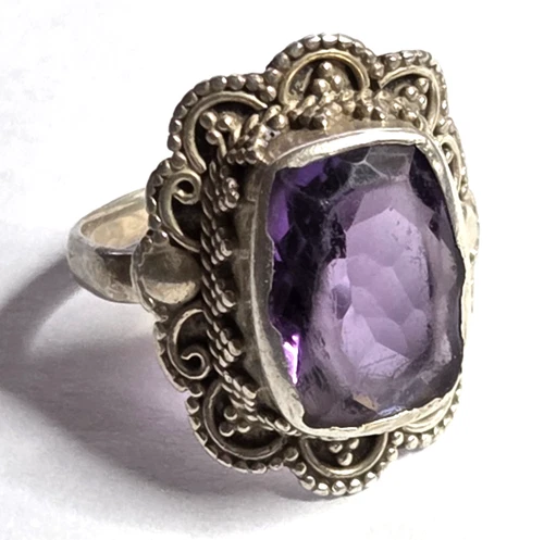 Vtg Genuine Amethyst 925 Sterling Silver Art Deco Filigree Ring Size 7 (5.46g)