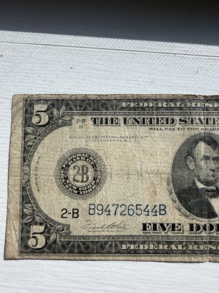 1914 $5 Federal Reserve Note Large 2B New York, NY Blue Seal Large Note - Image 3 of 4