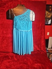 Davids Bridal Formal Dress Malibu Blue One Shoulder Lace & Chiffon Long Size 18