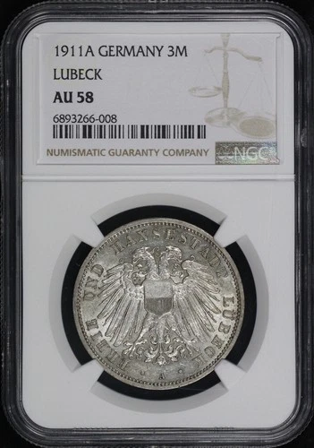 1911 A German States Lubeck Silver 3 Mark KM#215 NGC AU-58
