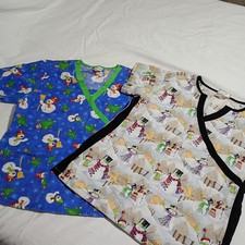 Two Medium Snowmen Scrub Tops Winter Holiday Christmas Cotton Poly Blend Blues