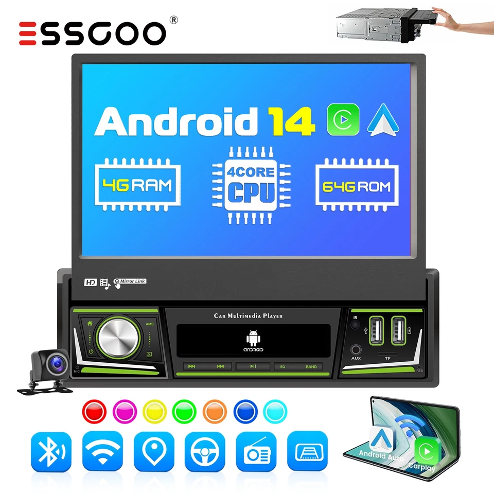 7 Zoll 4+64GB Android 14 Autoradio 1 DIN GPS NAVI Bluetooth FM/RDS WIFI USB Cam