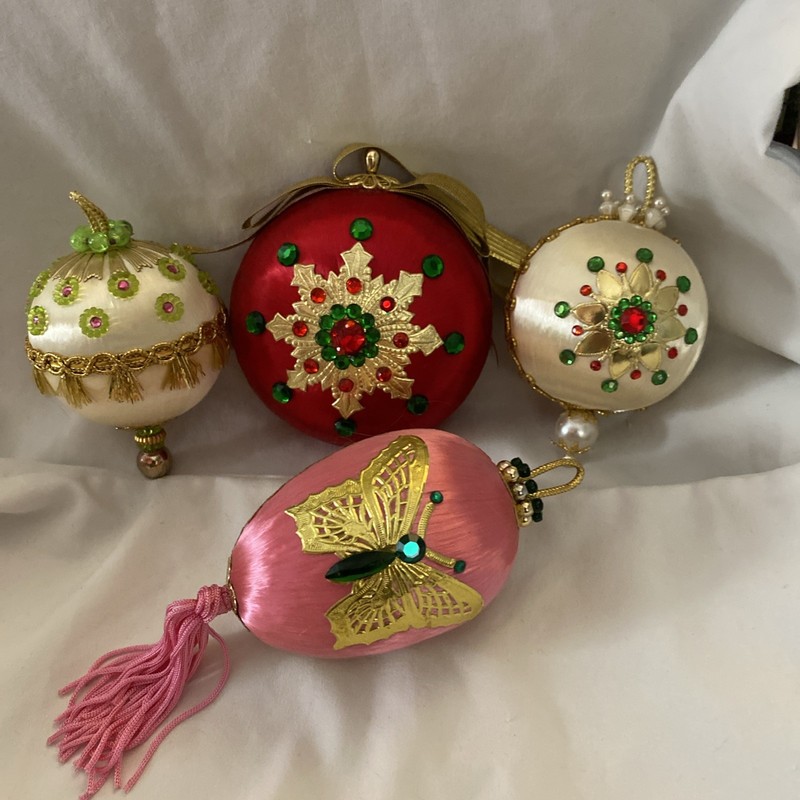 4 Vintage Pristine Satin Christmas Ornaments, Butterfly, And Snowflake