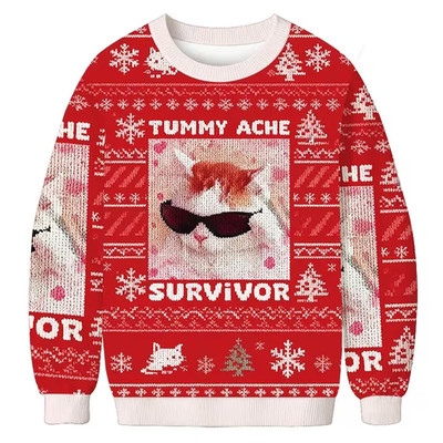 Funny Cat Meme Ugly Christmas Sweater Tummy Ache Survivor Xmas
