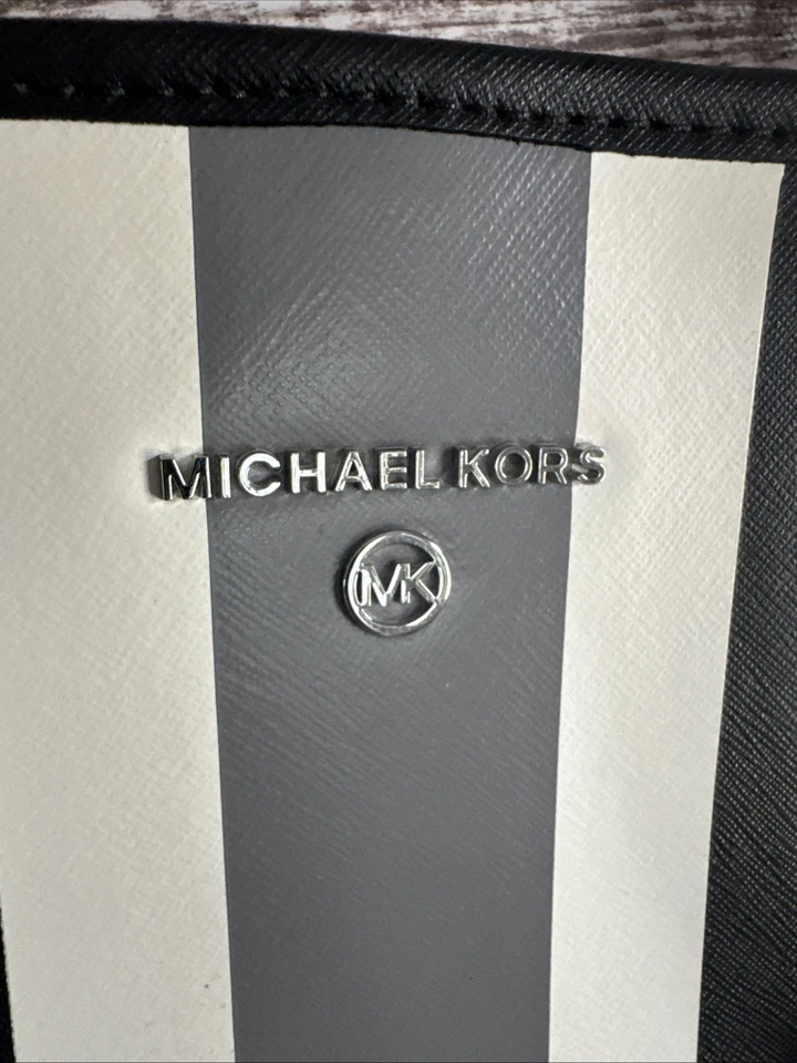 Bolso de Mano Michael Kors Jet Set Viaje Negro Blanco Gris Rayas Grande Foto 3 de 4