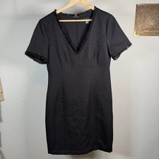 Andrew Marc Black Textured V Neck Fringe Short Sleeve Sheath Dress Size 10