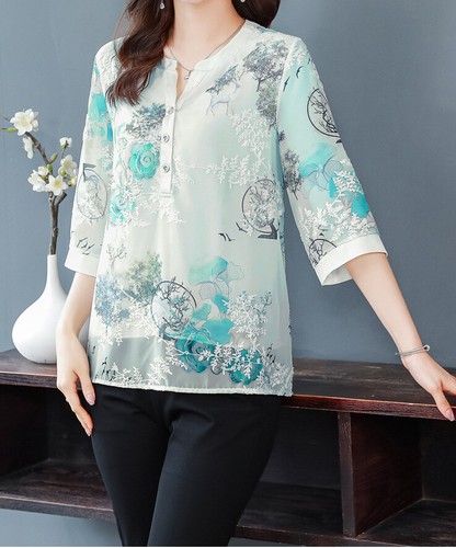 Blusa túnica floral de chifón para mujer manga larga con botones elegantes camisas para el torso - Imagen 7 de 7