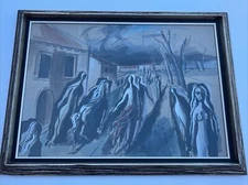 MID CENTURY PAINTING MODERNISM ABSTRACT EXPRESSIONISM SURREAL FIGURES TOWN 1950