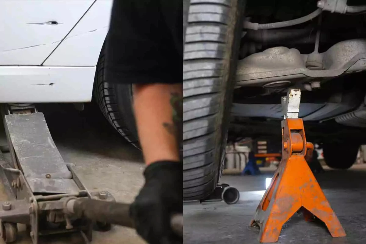 A mechanic uses a floor jack to lift a vehicle (left) and the vehicle rests on an orange jack stand (right).