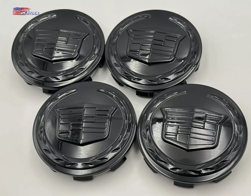 Set of 4 Gloss All Black 83mm Wheel Center Caps For Cadillac 20052014