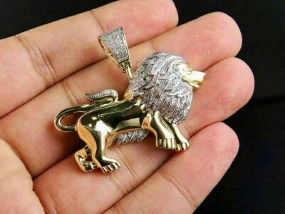 Men's 14K Yellow Gold Over VVS1 Diamond 3D King Lion Pendant Charm 0.75 Ct 1.5''