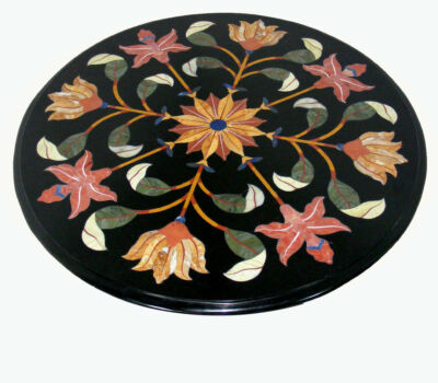 18'' Table Top Inlay black Marble coffee table Pietra Dura Art Mosaic malachite