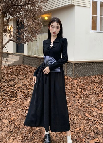 Abito cinese cheongsam patchwork a maniche lunghe, abito di media lunghezza da donna - Foto 17 di 19
