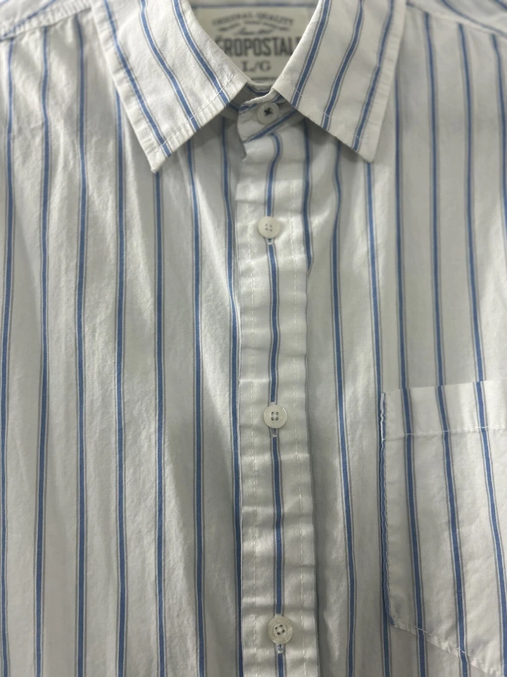 Aeropostale 纽扣衬衫男式 L 码蓝色条纹长袖 — 第 4/4 张图片