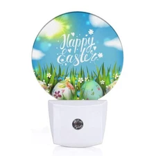Easter Night Lights Plug into Wall Easter Colorful Eggs on Green Grass LED Du...