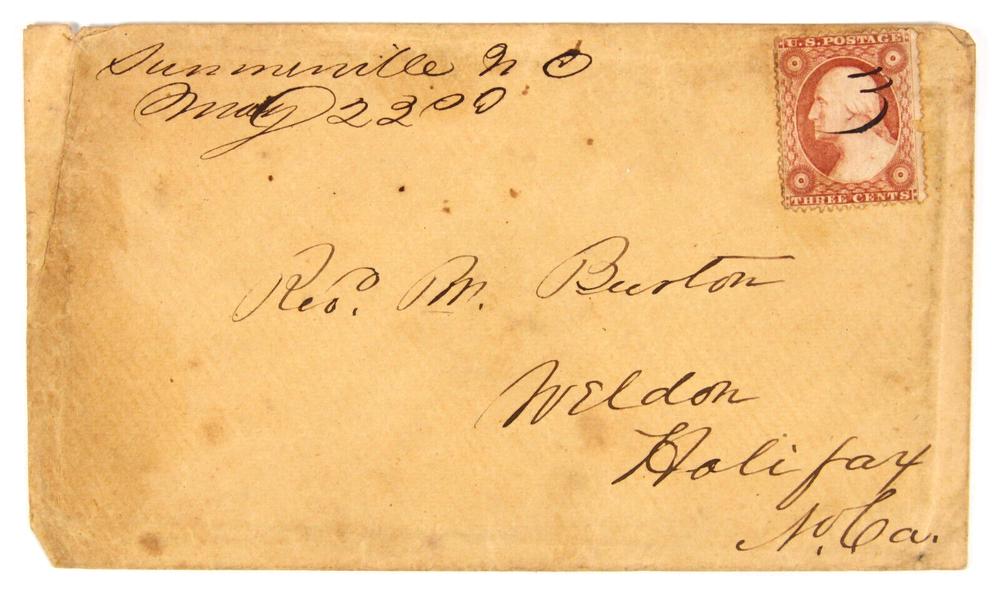 Summerville NC manuscript with 3c #26 stamp canceled to Weldon NC