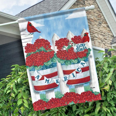 GOD BLESS AMERICA CARDINAL BIRD JULY 4 GERANIUM FLOWER USA LARGE YARD FLAG NEW
