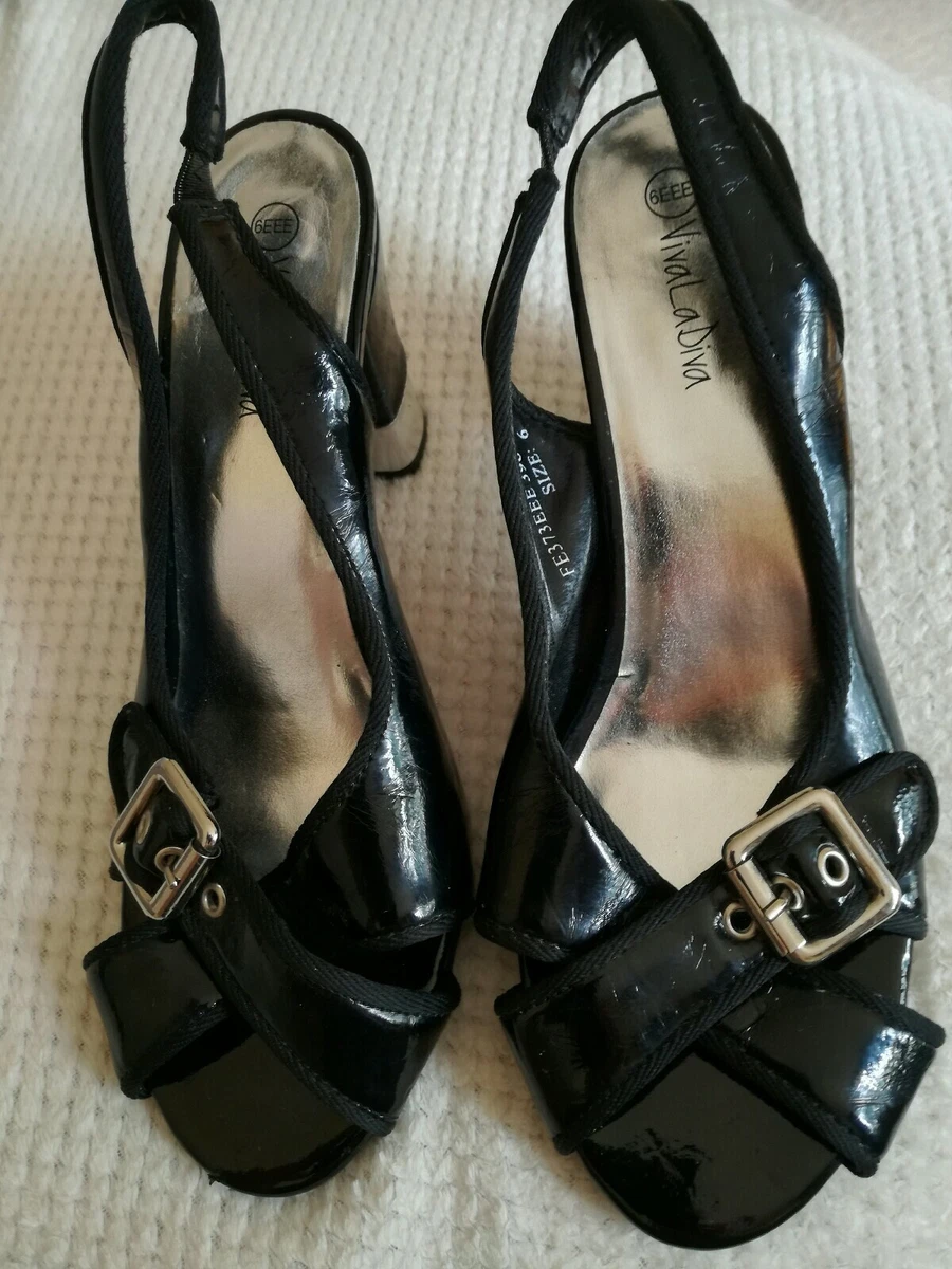 Black Patent Sling Back Shoes Sandals Viva La Diva Size 6EEE Wide