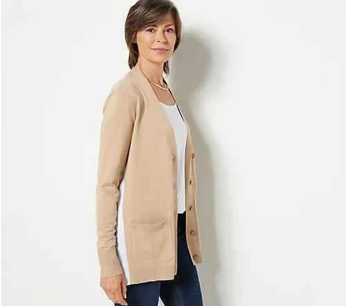 Isaac Mizrahi Live Elements Mix Media Sweater Cardigan-Iced Coffee-Small-A470325