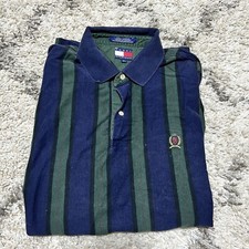 VTG Y2K Tommy Hilfiger Polo Shirt XL Blue Green Vertical Stripes 100 Cotton