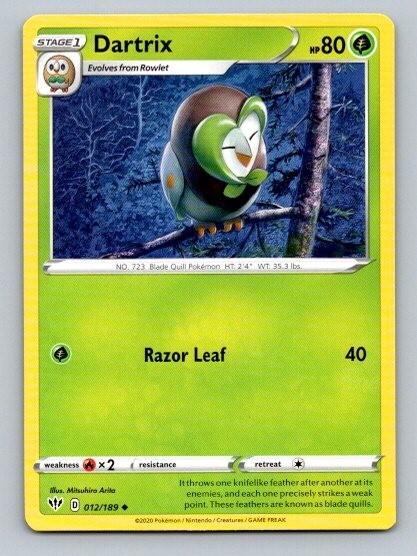 2020 Pokemon Card Darkness Ablaze Dartrix 12/189
