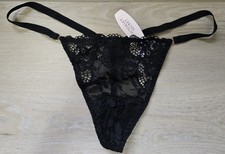 NWT Vintage Victoria's Secret Black Sheer Logo Lace Mini V-String Panties O/S