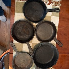 5- Vin. Cast Iron Skillets 1-8”. Lodge -1-3-5/8” 2-6-1/2 “-1-6” All Double Spout