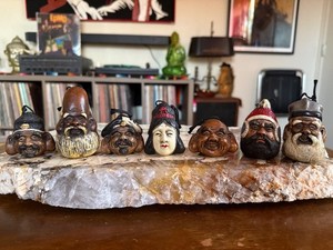 Vintage Japanese Ceramic Clay Bell Dorei Set of Seven Lucky Gods Shichifukujin