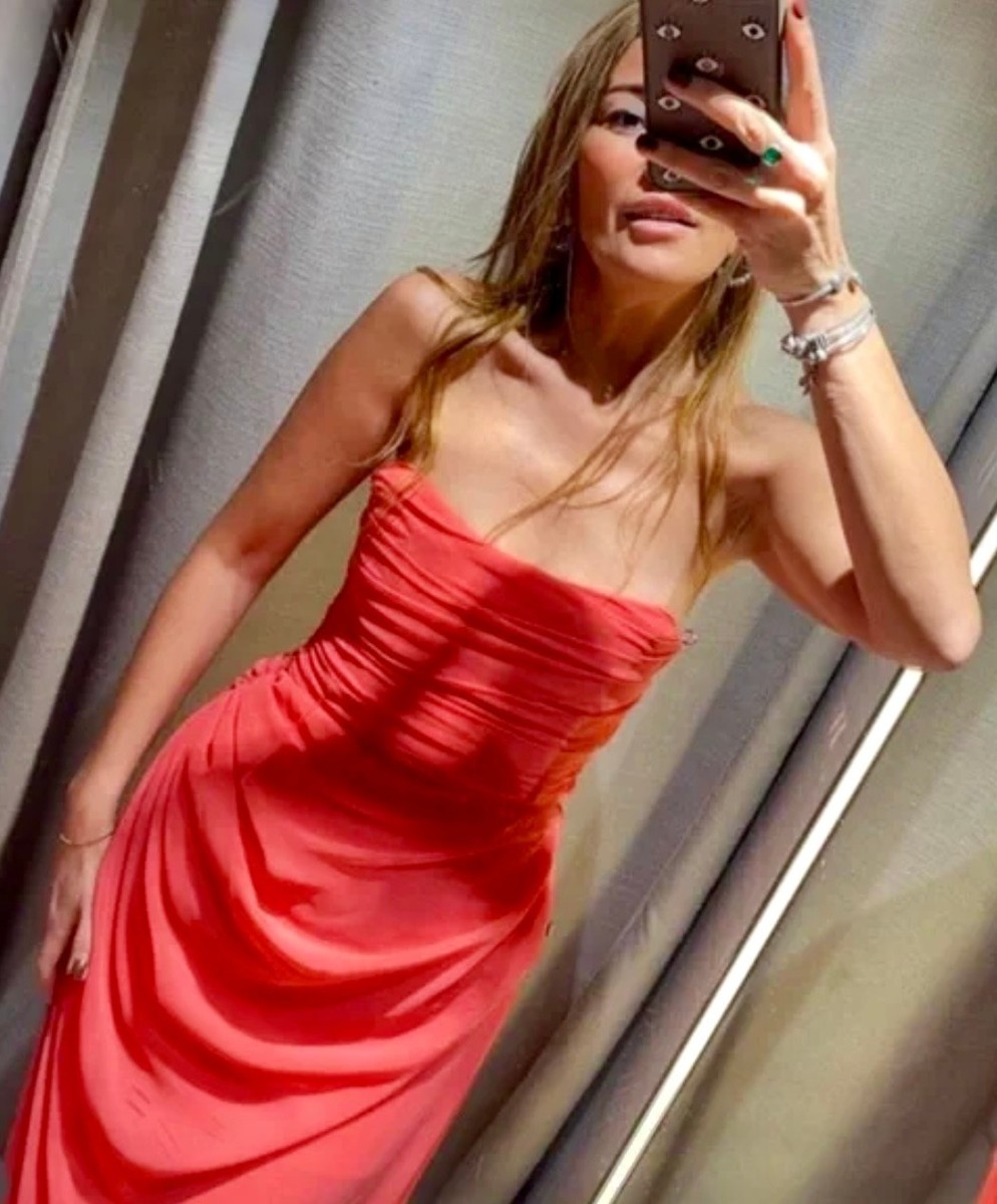 ZARA Woman Orange Chiffon Ruched Strapless Bandeau Maxi Dress Gown