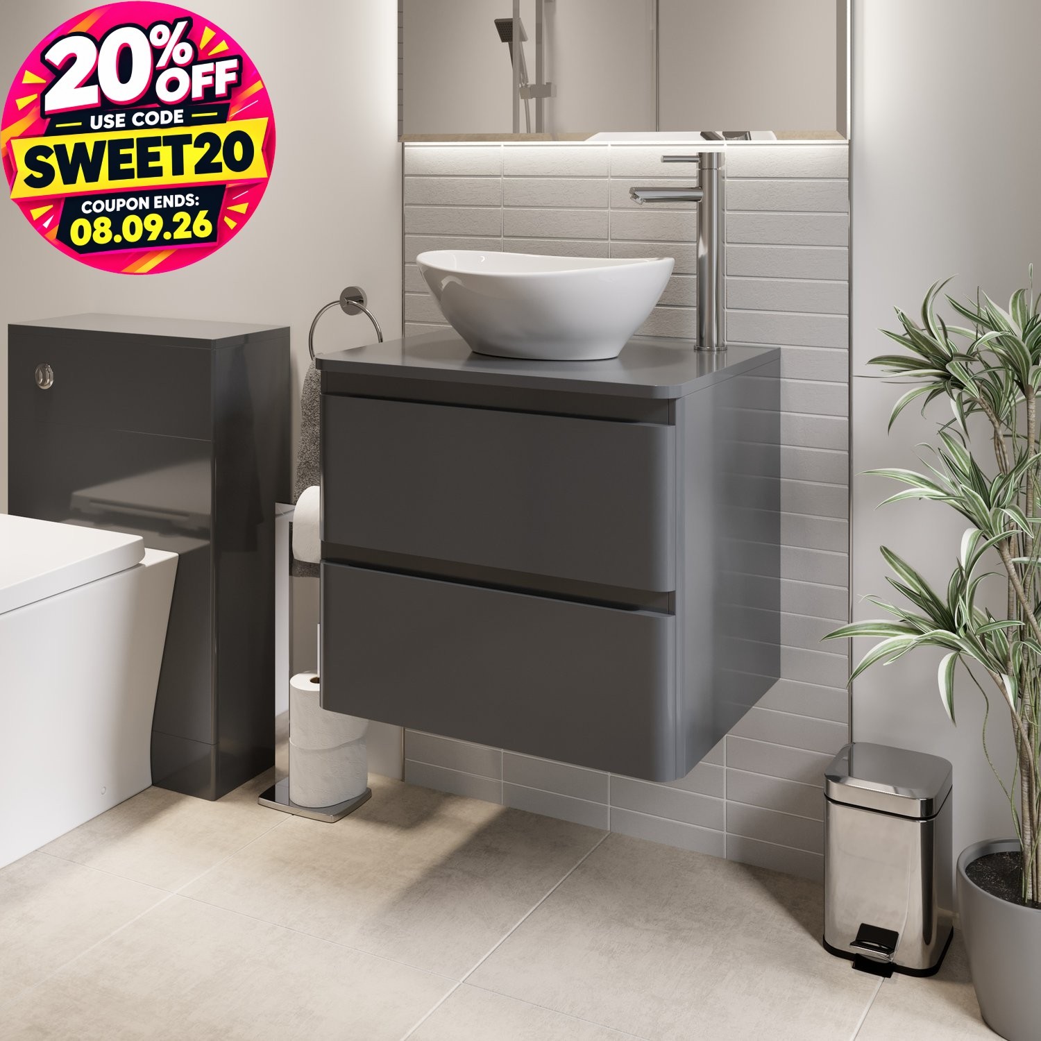 600mm Bathroom Countertop Vanity Unit Oval Basin Soft Close Wall Hung Grey Gloss