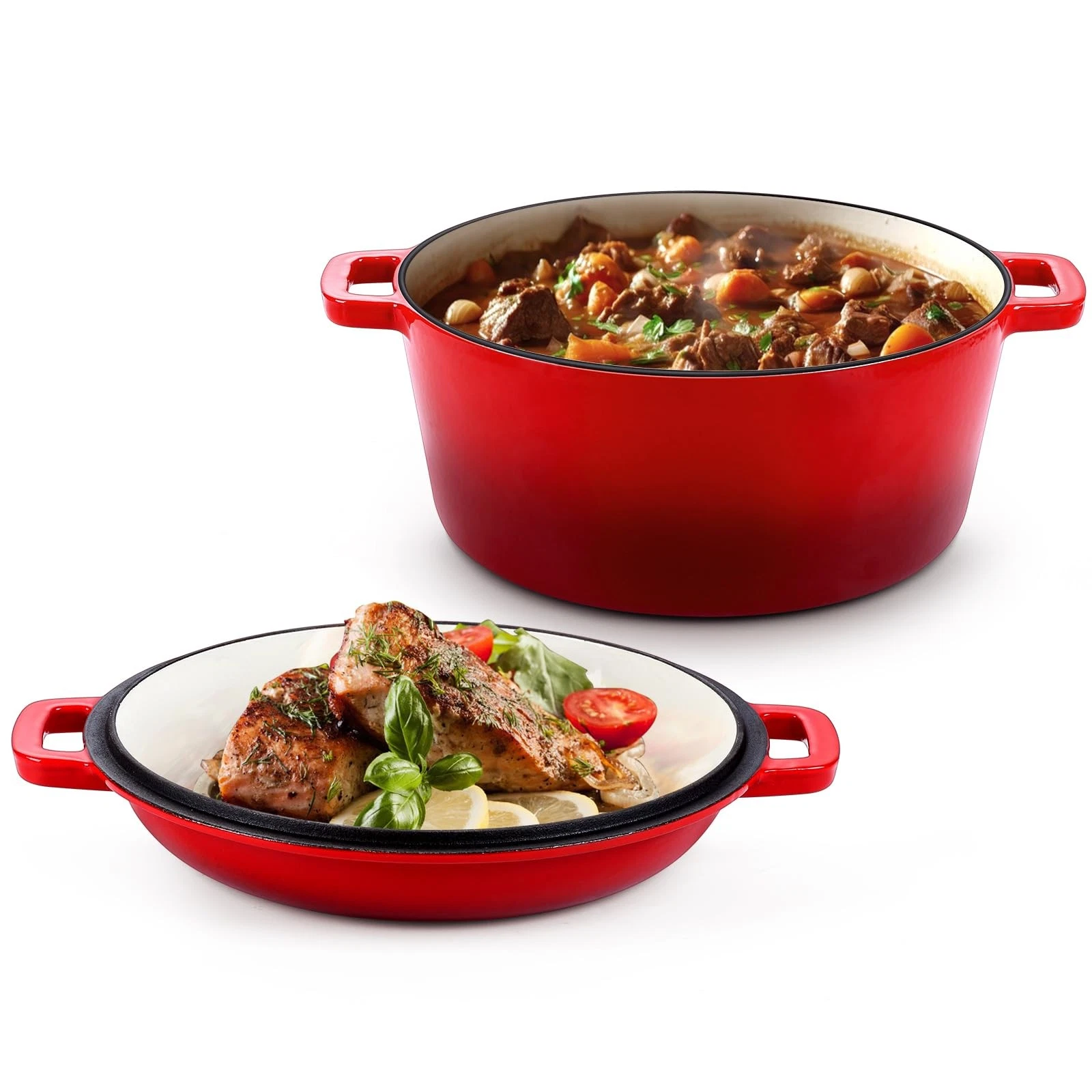 2 in 1 Enameled Cast Iron Dutch Oven, 5 QT Pot & 2 Quart Skillet Lid Pan, Non...