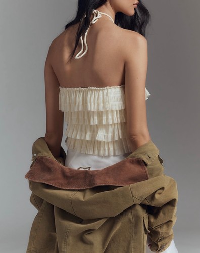 Top con volant Anthropologie Halter taglia L avorio - Foto 2 di 5