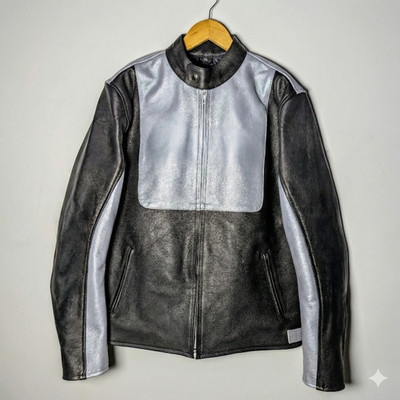 Men's Cafe Racer Leather Jacket Real Cowhide Black Silver Biker Motorcycle Coat