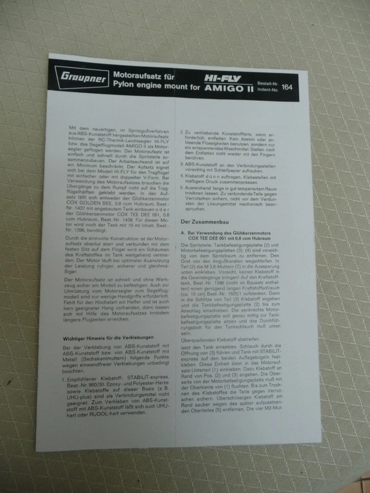 Stückliste + Bohrschablone Motoraufsatz HI-FLY/AMIGO - Bild 2 von 3