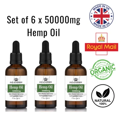 JAX OF LONDON Set of 6 -Organic Hemp Seed Oil 50,000mg -Dropper Bottle 50ml