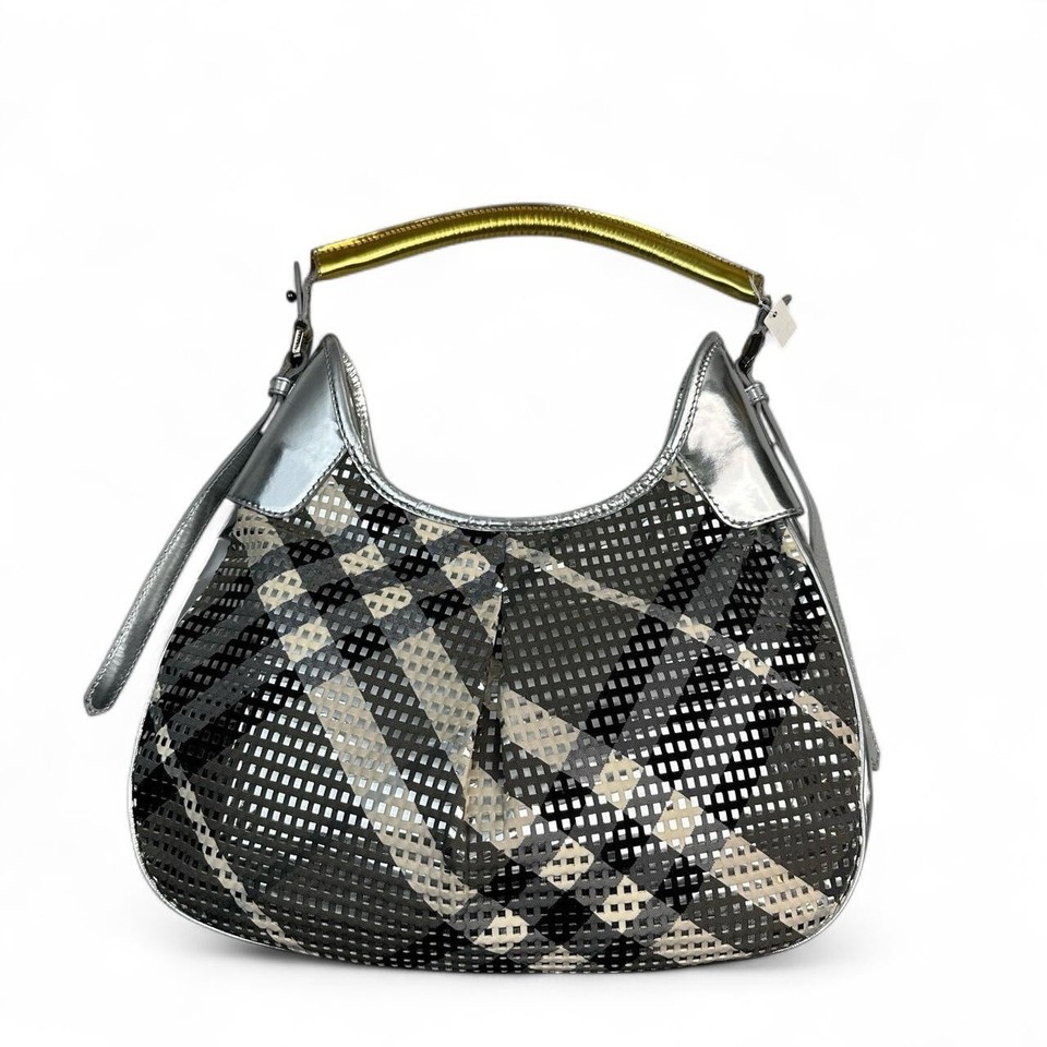 Authentic Burberry Vintage Metallic Silver Nova Check Hobo Bag Amber Handle Y2K