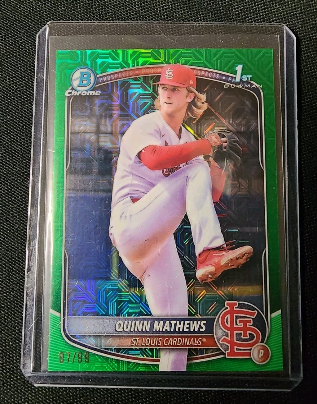 Quinn Mathews 2025 Bowman Chrome BCP-25 1st Year Prospect/99 Green Mojo.
