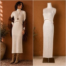 Women's Ivory Crochet Knit 2 Pc Sweater Set Boho Maxi Skirt Cozy Luxe Size M