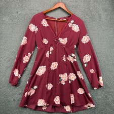 Altar'd State Womens S Maroon Floral Lace Trim V-Neck Long Sleeve Mini Dress