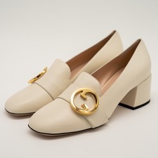 Gucci Women's Heels Leather Blondie Pump White GG Size 40.5 10.5 US