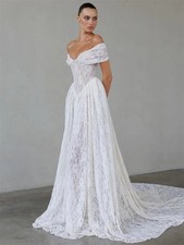 2026 NEW White Off Shoulder Wedding Dresses A-Line Floral Lace Bridal Gowns