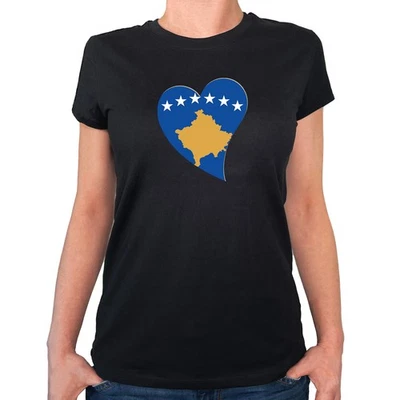 Damen T-Shirt Kosovo Flagge Herz Geschenkidee Kosovo Geschenk Präsent Mitbringse - Bild 1 von 4