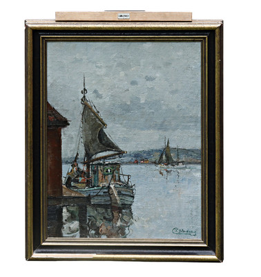 Oil On Canvas Wood Panel, Signed Jens Sinding Christensen, Harbor With Sailboats