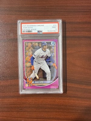 Juan Soto 2025 Bowman Chrome #22 Fuchsia Wave Refractor 113/299 PSA 9 Mets