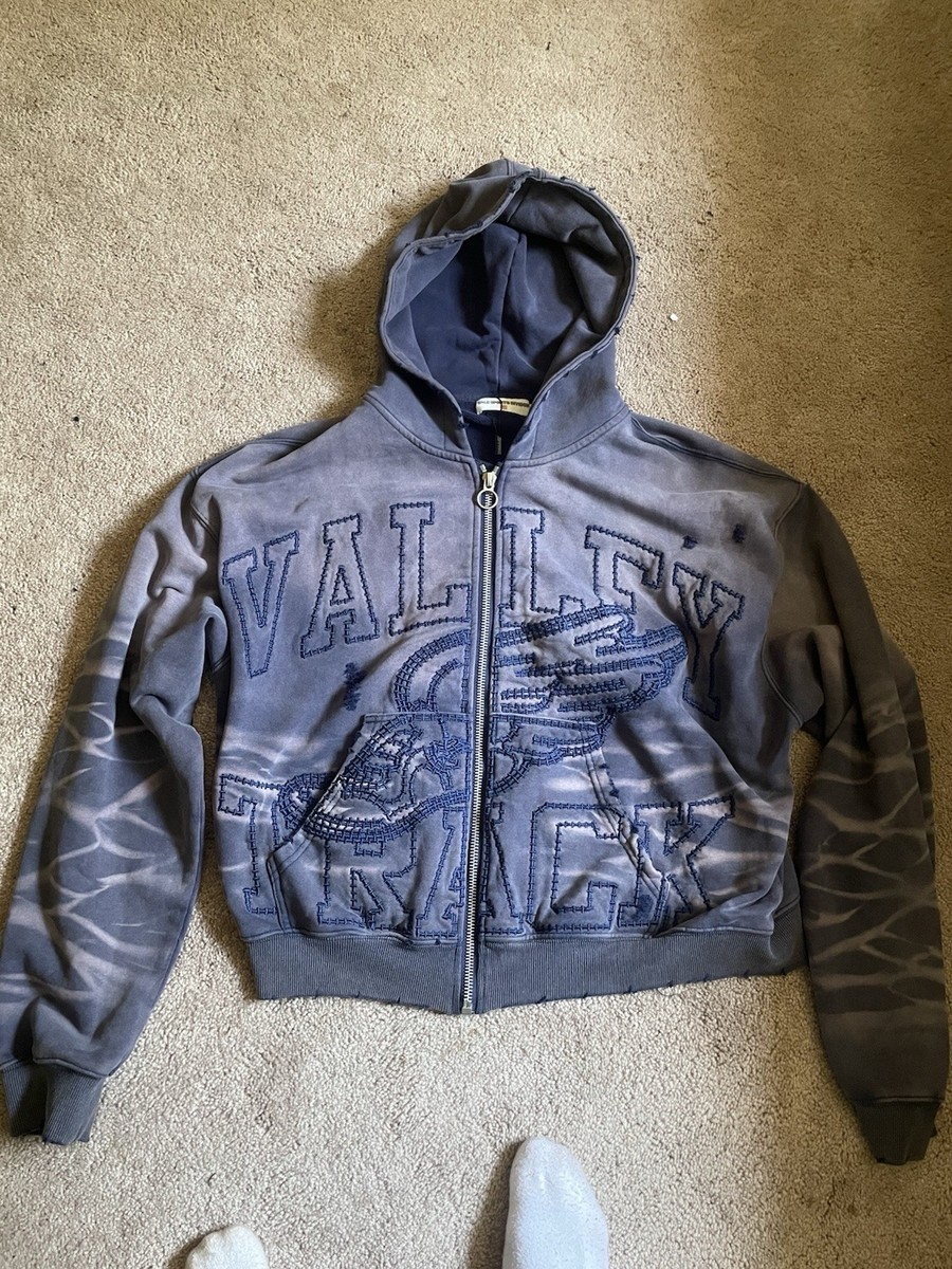 Vale Lives Forever Zip-Up Hoodie Size XL, Washed Purple base, Navy