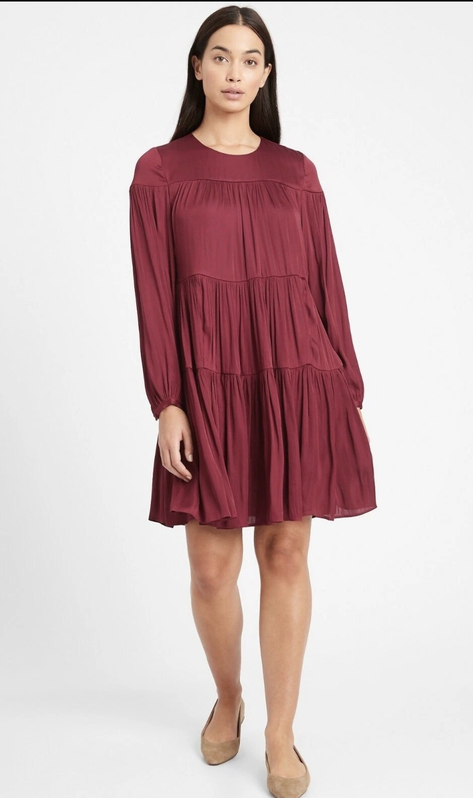 Banana Republic Satin Tiered Dress, Mulled Cranberry Red SIZE Small